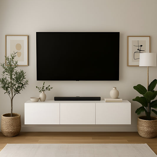 Modern living room with a television mounted on the wall, white cabinet below, and decorative plants.