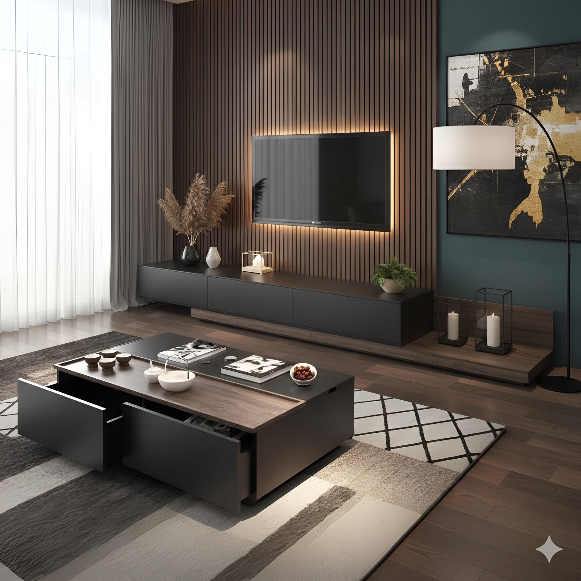 Modern living room with a coffee table, TV, and decorative elements.