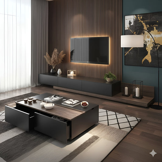 Modern living room with a coffee table, TV, and decorative elements.