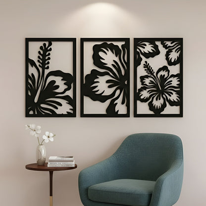 Modern interior with a teal chair, side table, and floral wall art.