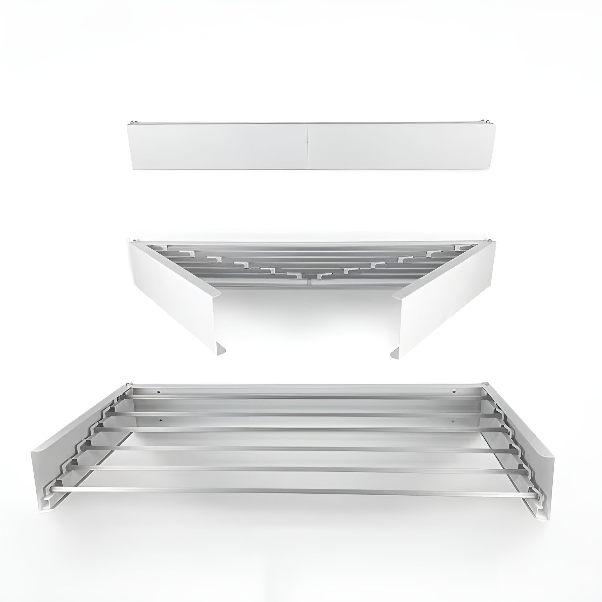 Set of three white metal shelves on a white background