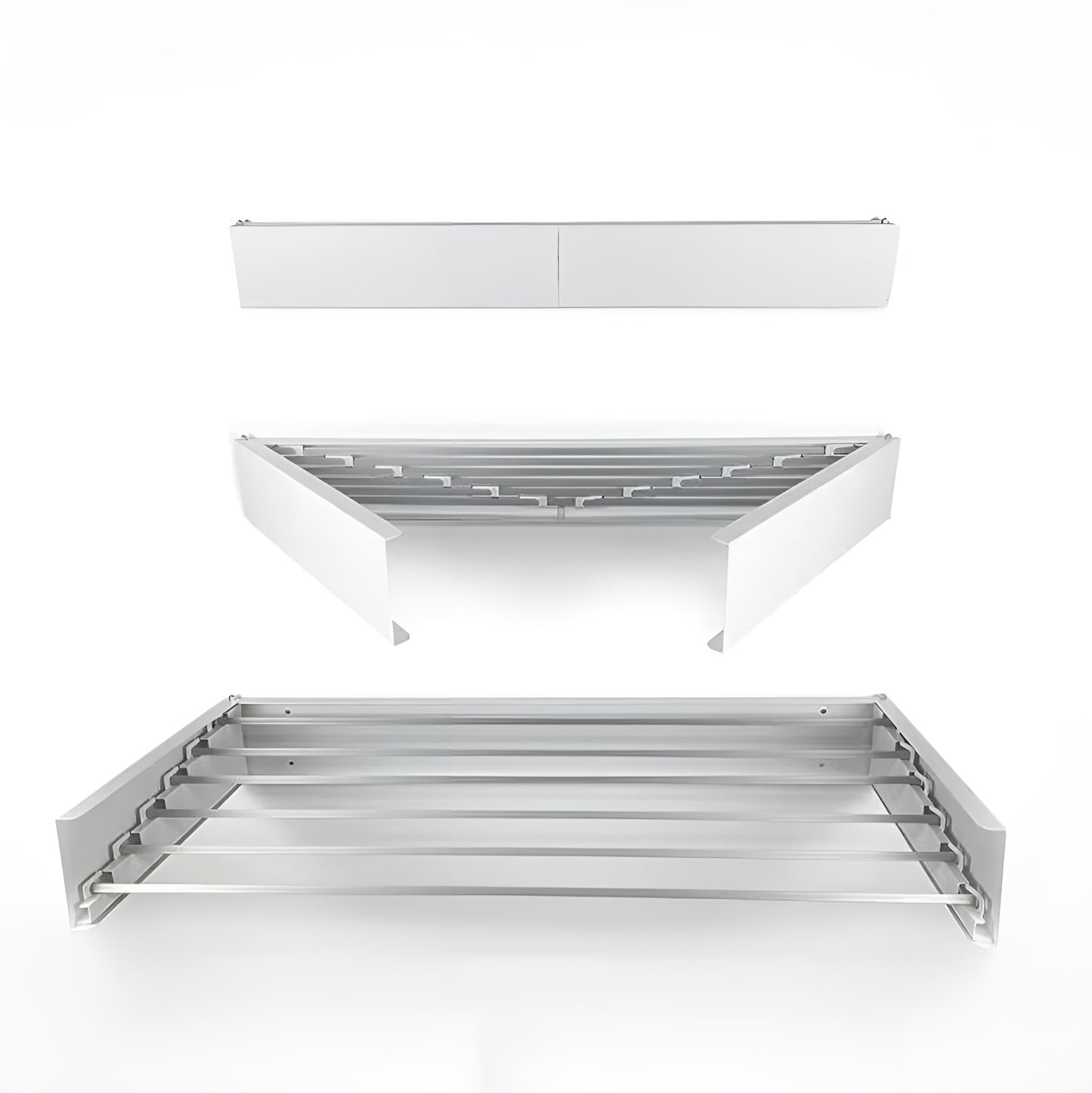 Set of three white metal shelves on a white background