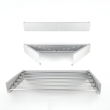 Set of three white metal shelves on a white background