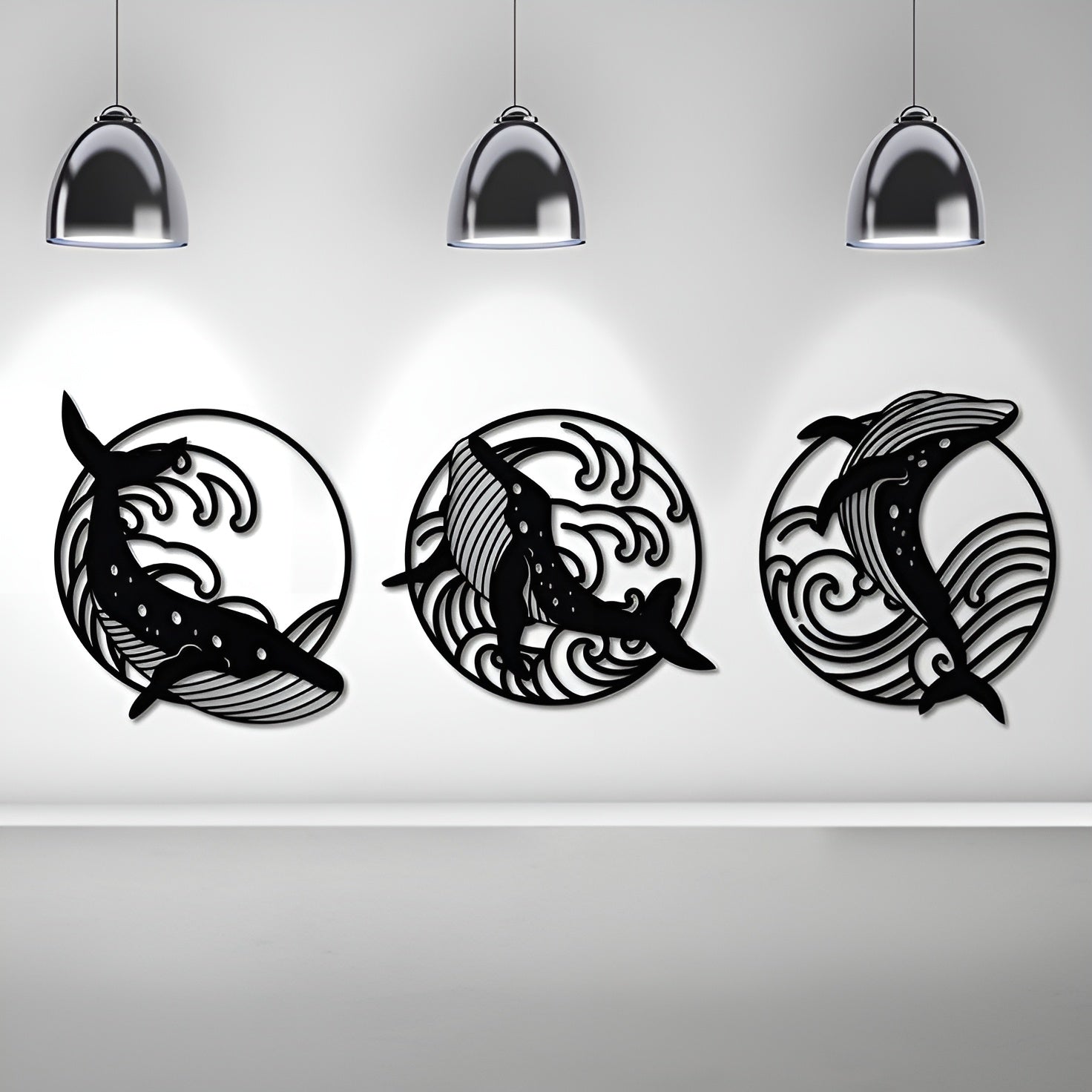 Three decorative wall art pieces with dolphin designs on a plain background.