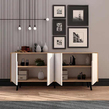 Modern sideboard with decorative items and wall art in a room.