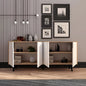 Modern sideboard with decorative items and wall art in a room.
