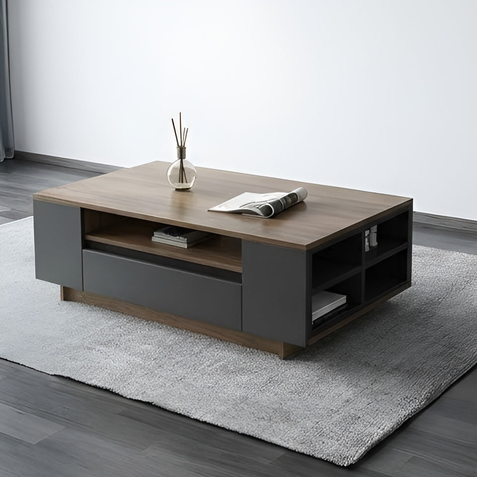 Modern coffee table with wooden top and gray base in a room setting