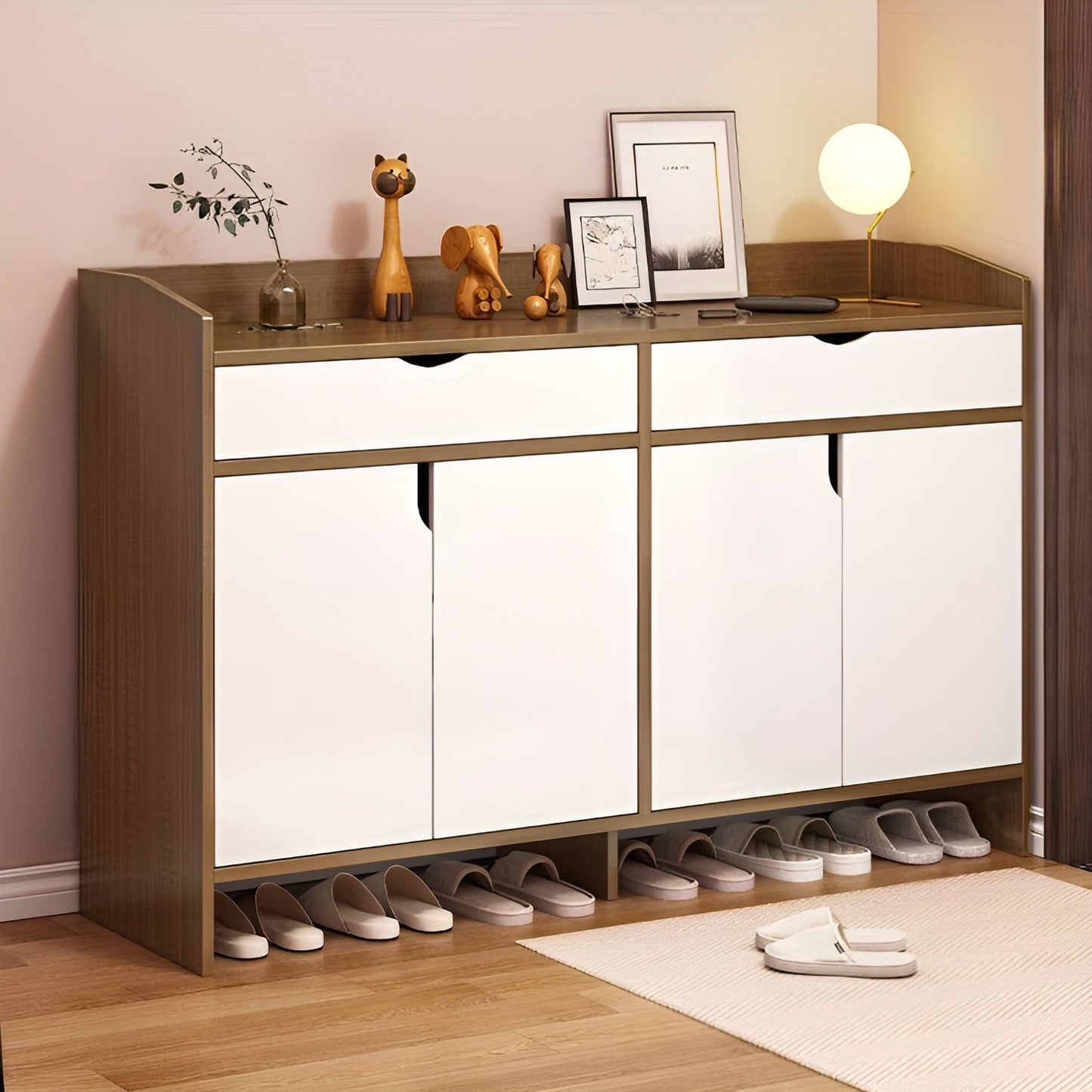 Shoe cabinet with open doors displaying shoes, decor items on a wooden floor.