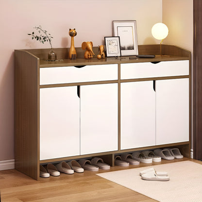 Shoe cabinet with open doors displaying shoes, decor items on a wooden floor.