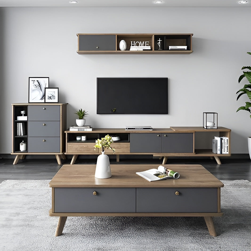 Modern living room with wooden and gray furniture, including a TV stand and coffee table.