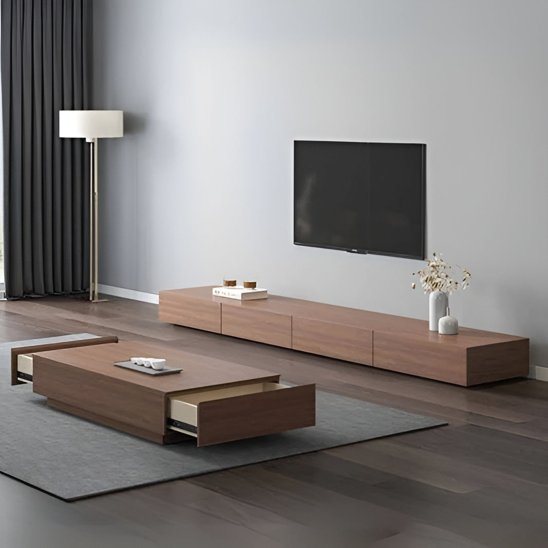 Modern living room with wooden coffee table and TV stand against a gray wall.