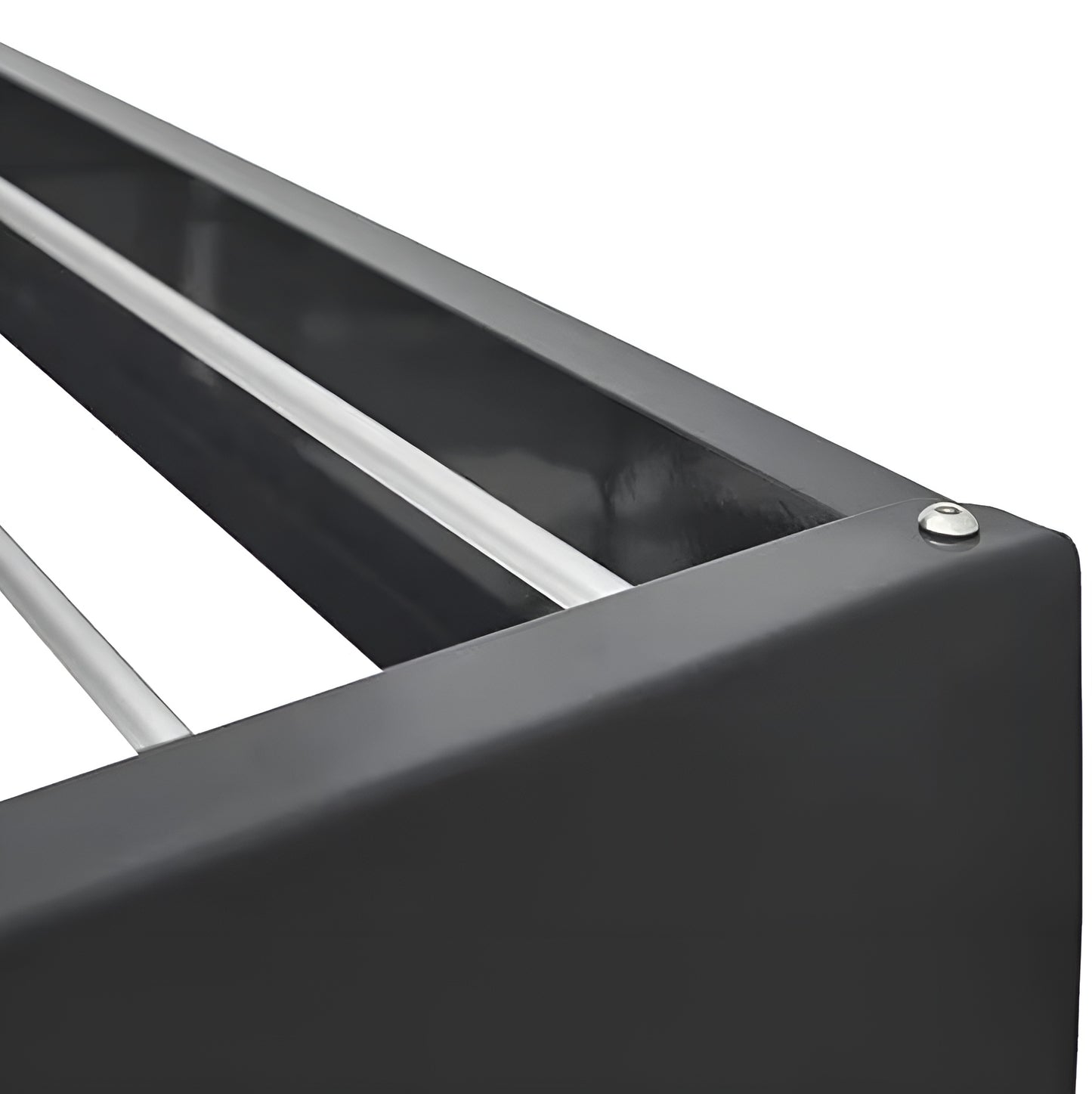 Close-up of a black metal frame with horizontal bars on a white background