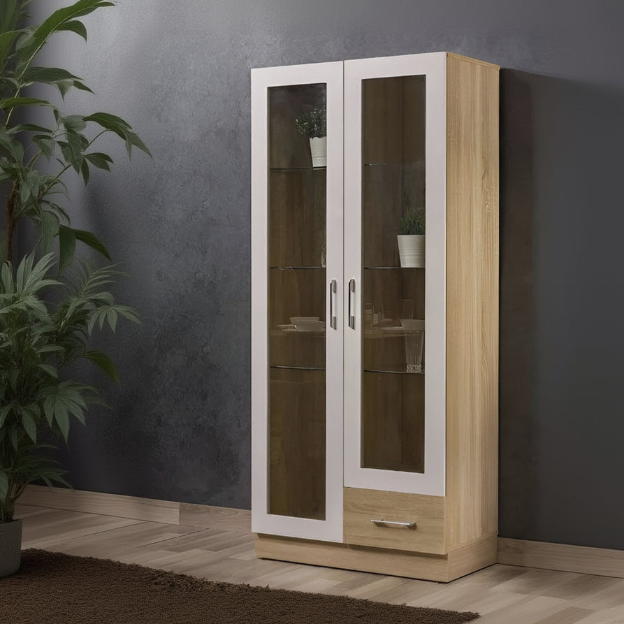 Wooden display cabinet with glass doors against a gray wall.
