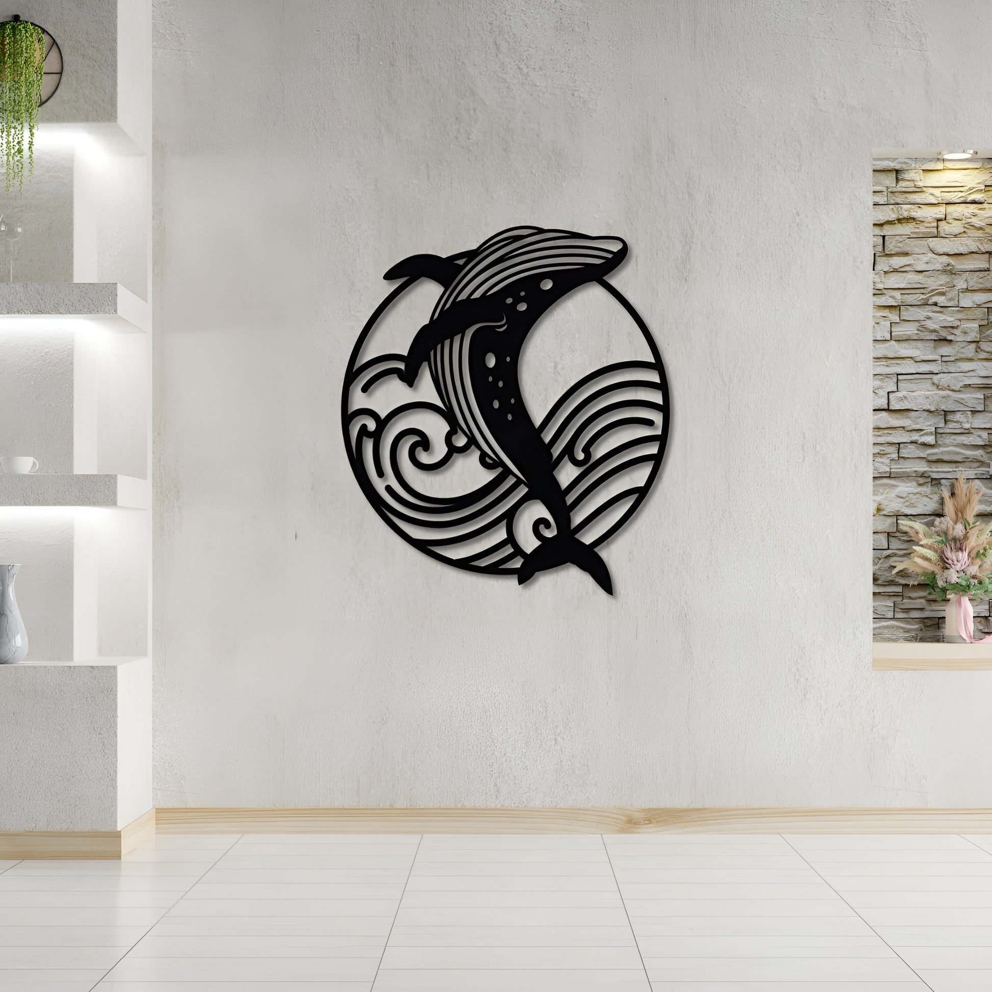 Decorative wall art of a dolphin and wave design on a white wall.