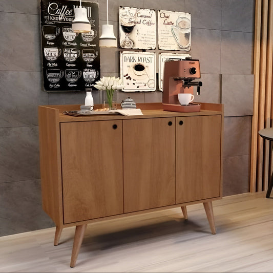 Wooden cabinet with coffee-themed decor in a room with gray tiled walls and wooden floor.