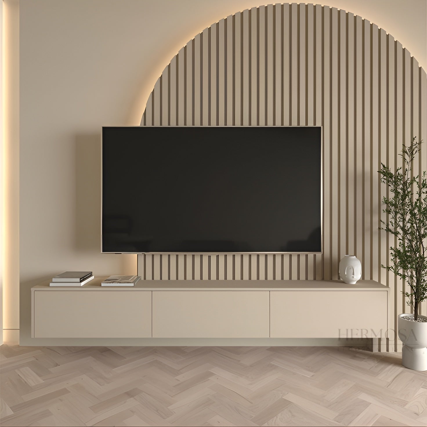 Modern living room with a television mounted on a decorative wall.