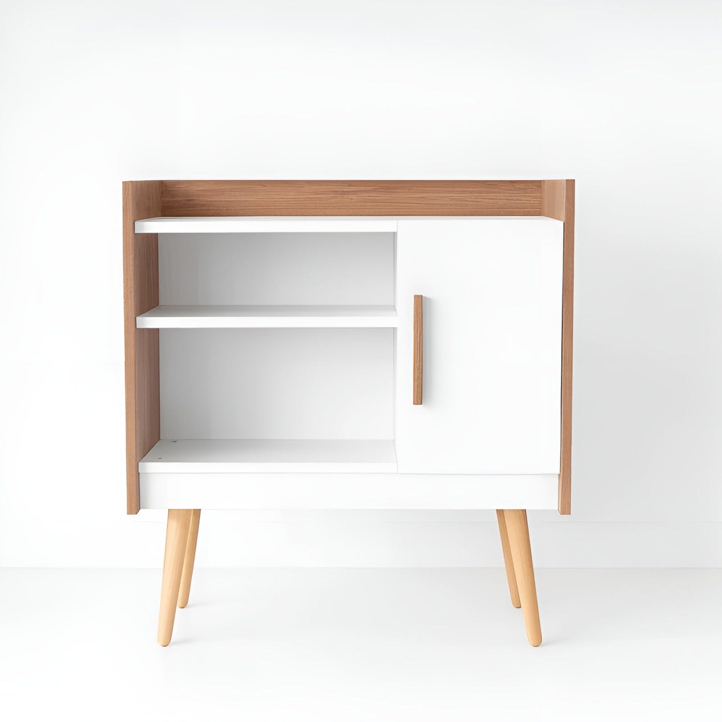 Wooden side table with white shelves on a white background