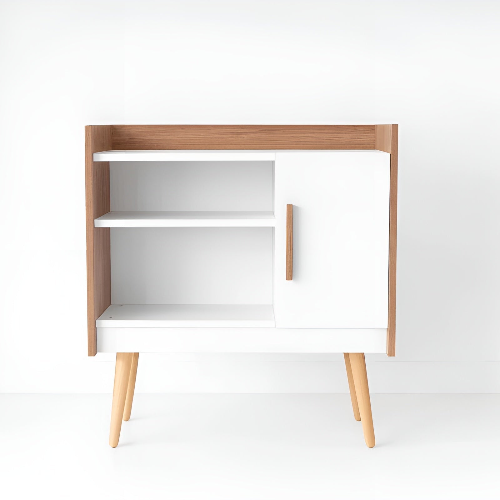 Wooden side table with white shelves on a white background