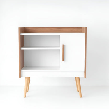 Wooden side table with white shelves on a white background