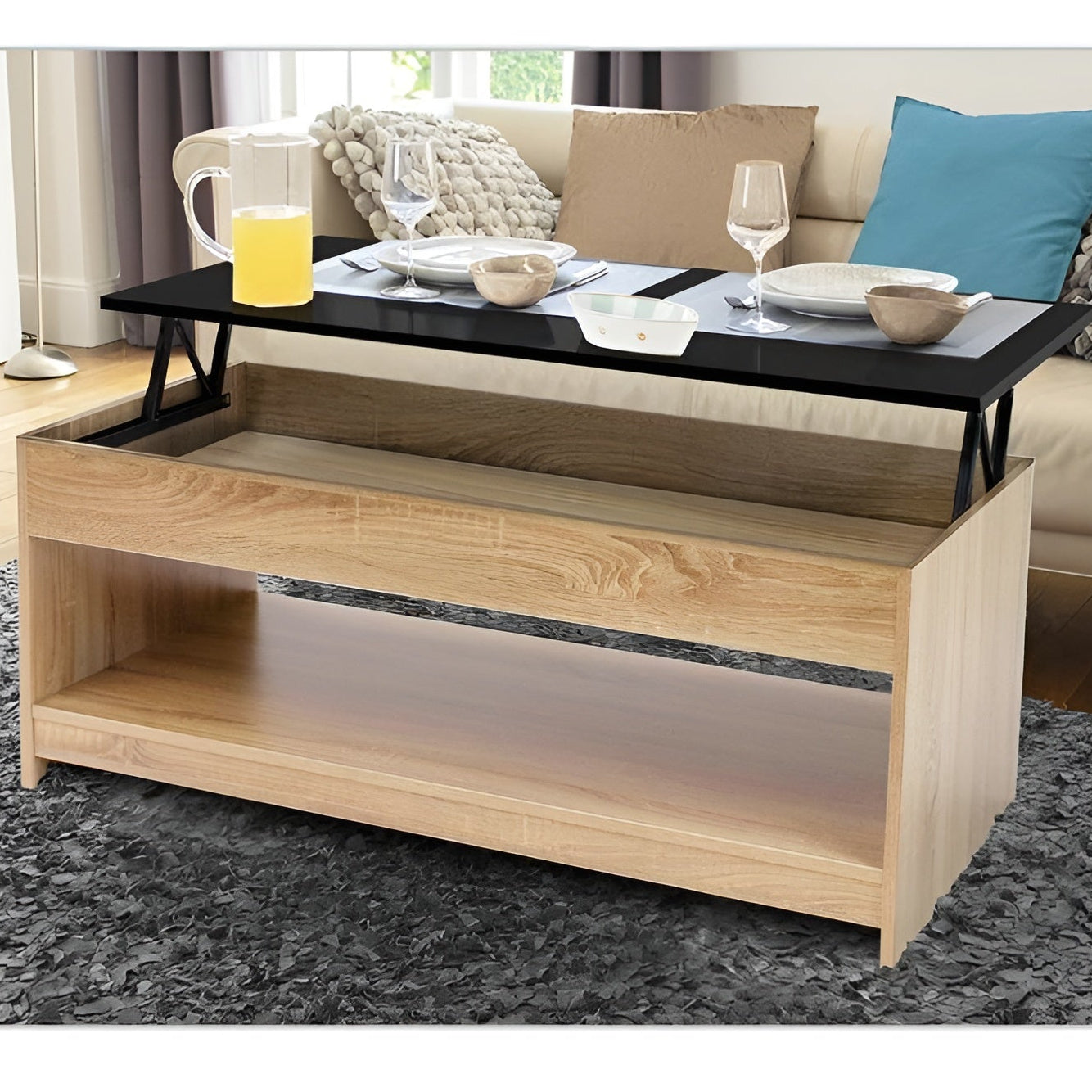 Coffee table with lift-top feature in a living room setting