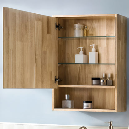 Wooden cabinet with open door displaying various bottles and containers against a light blue wall.