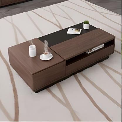 Modern brown coffee table with decorative items on a patterned floor
