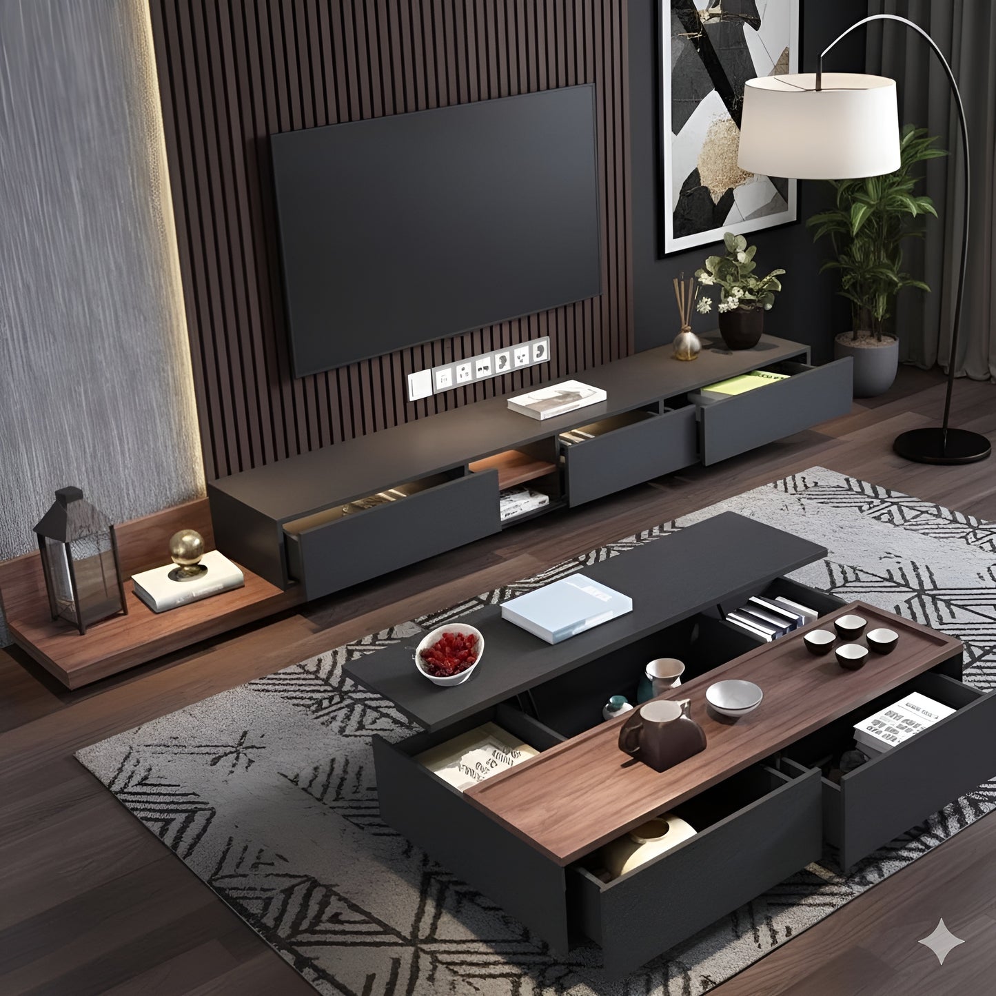 Modern living room with a television and decorative items on a wooden floor.