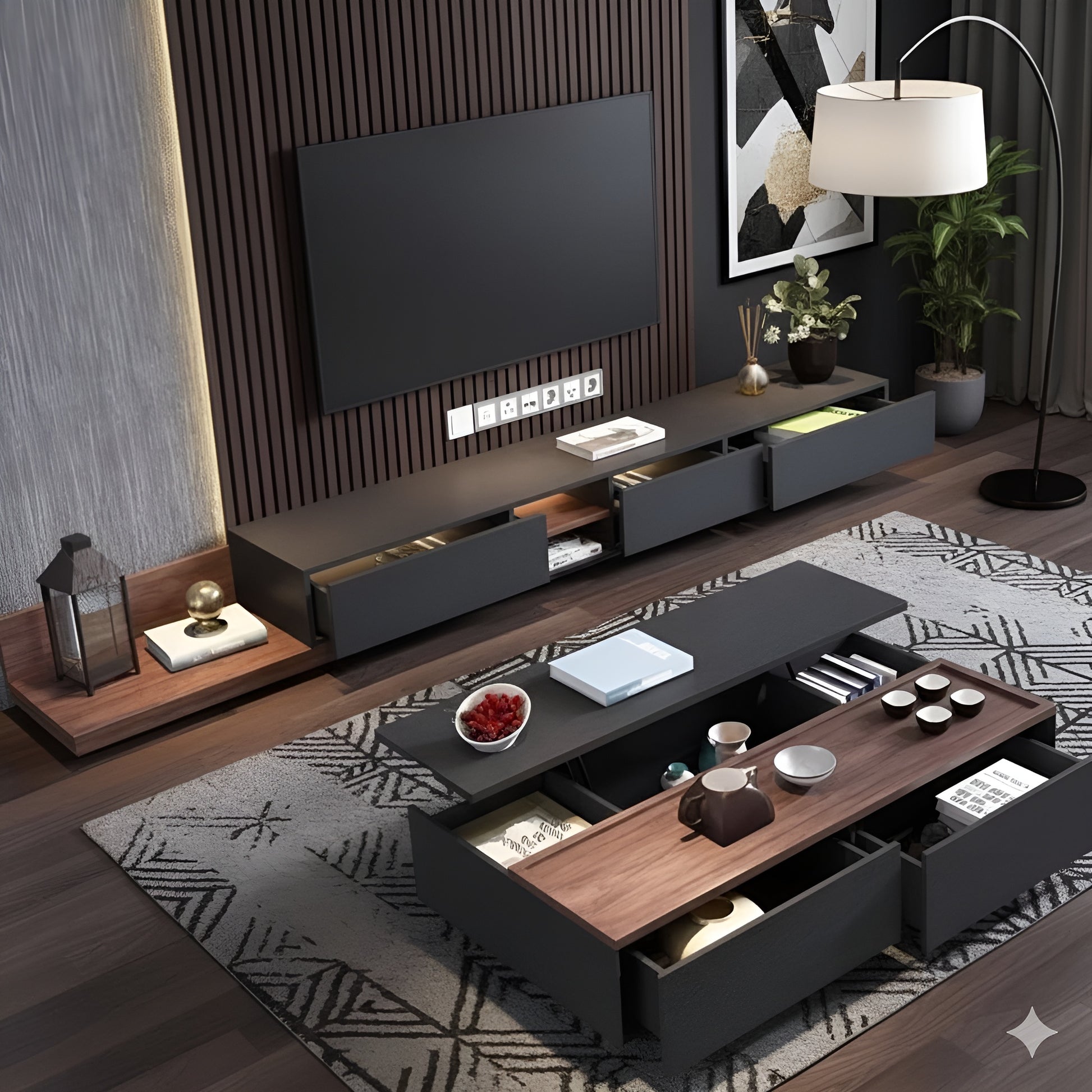 Modern living room with a television and decorative items on a wooden floor.
