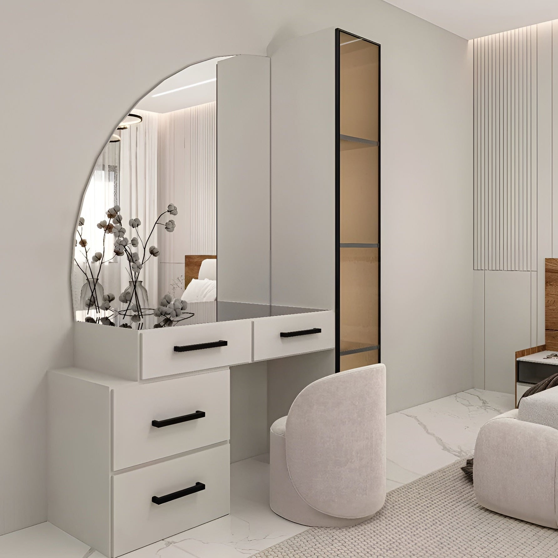 Modern white vanity with large mirror and chair in a minimalistic room.
