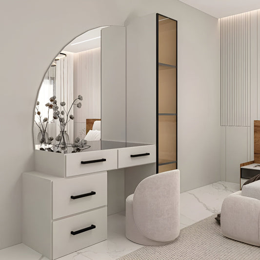 Modern white vanity with large mirror and chair in a minimalistic room.