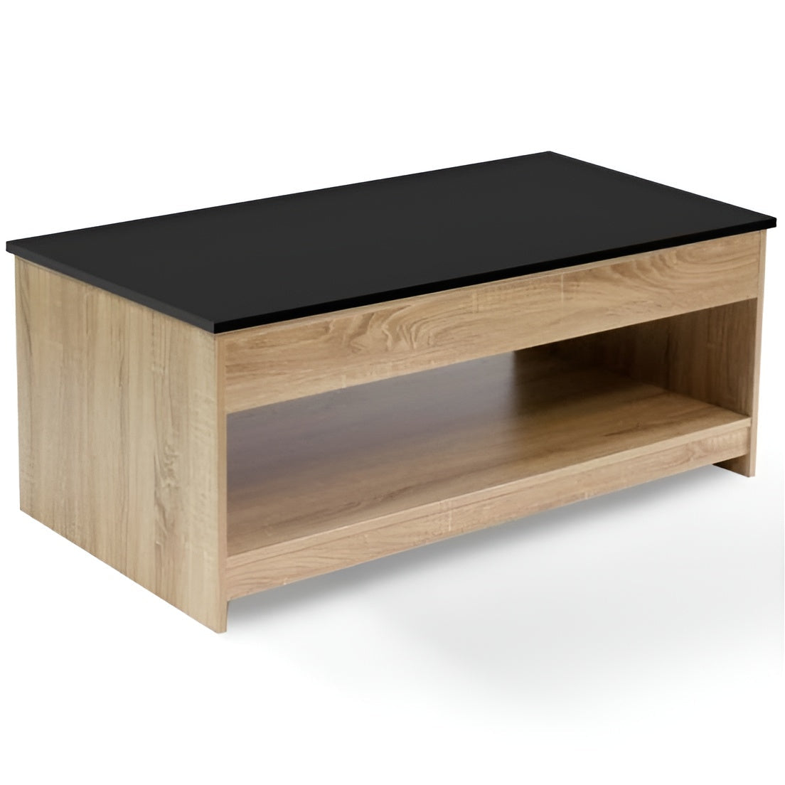 Coffee table with black top and wooden base on a white background