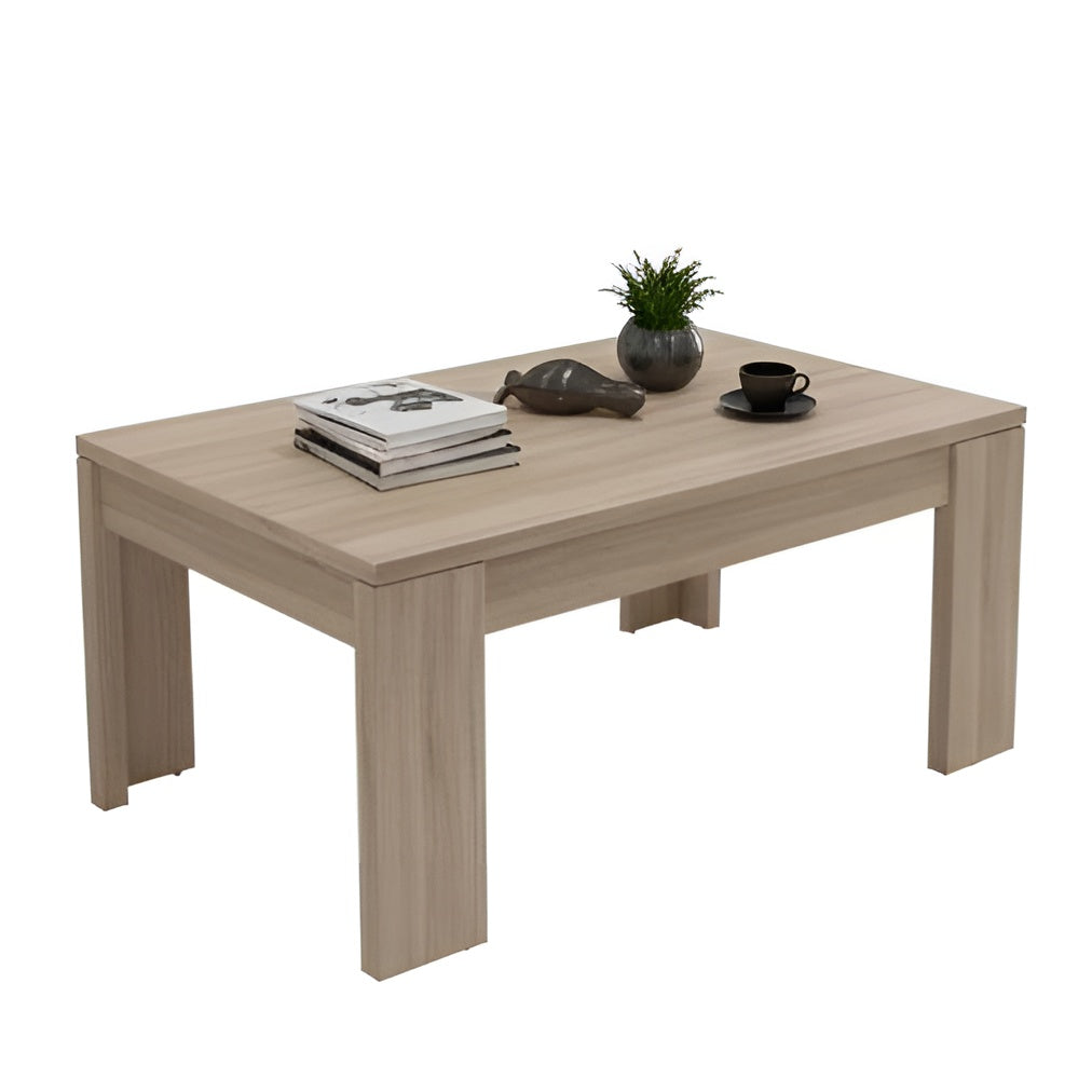 Wooden coffee table with decorative items on a white background