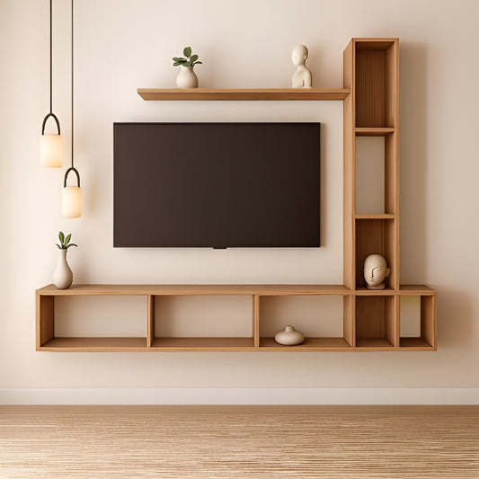 Wooden entertainment console with shelves and a television in a minimalistic living room.