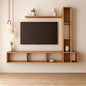 Wooden entertainment console with shelves and a television in a minimalistic living room.