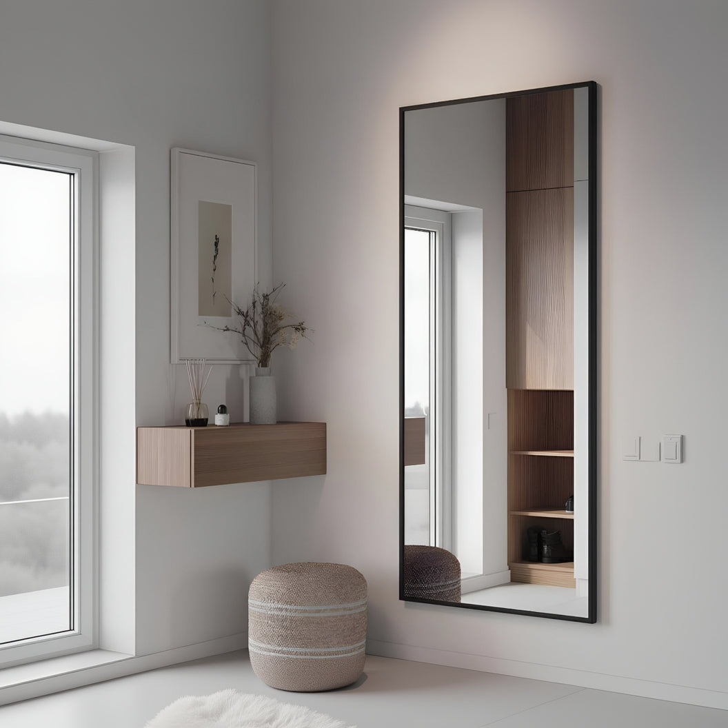 Modern interior with a large floor mirror, wooden shelf, and decorative items.