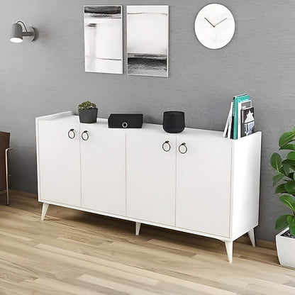 White sideboard with decorative items against a gray wall.
