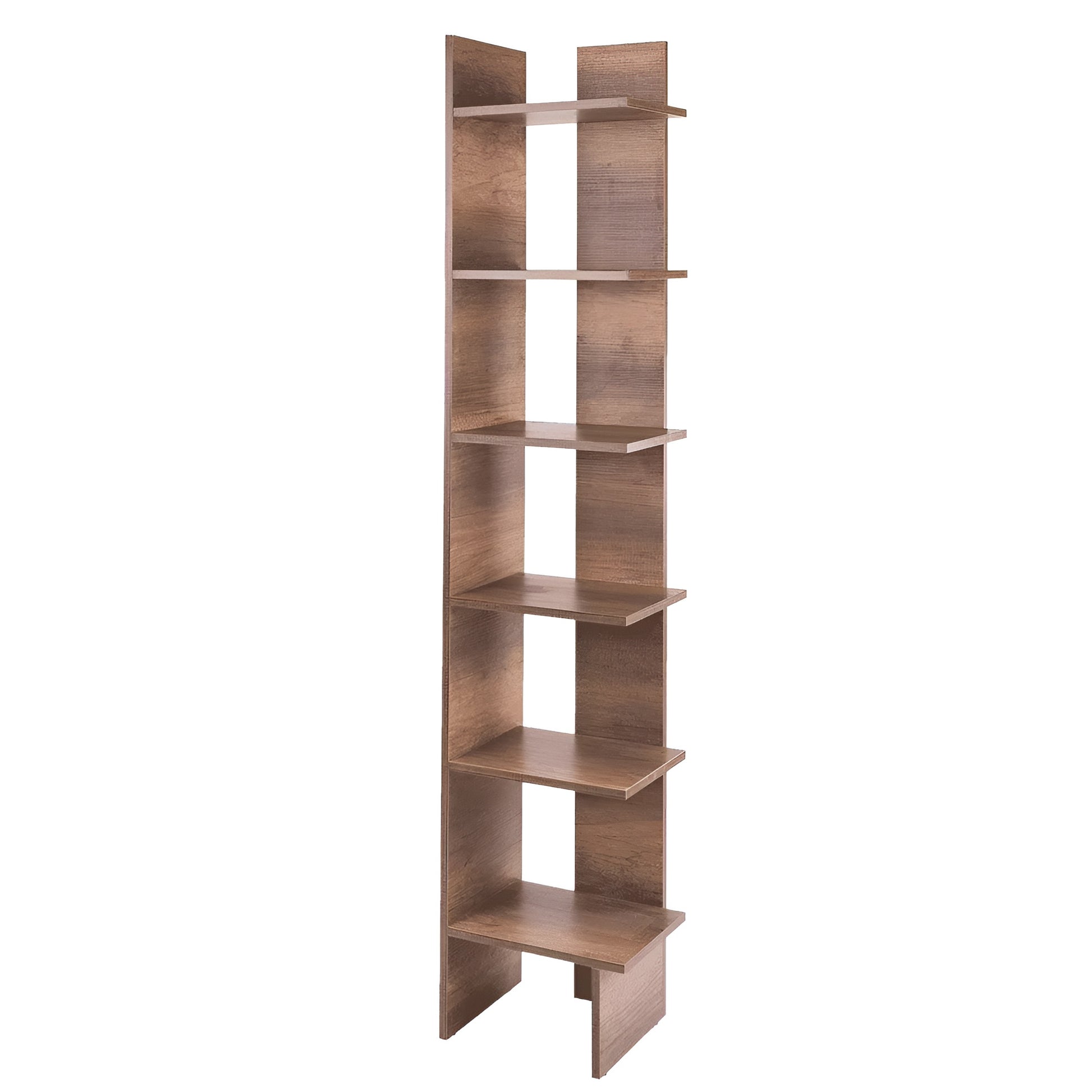 Wooden bookshelf with multiple shelves on a white background