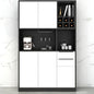 Black and white kitchen cabinet with appliances and items on a light gray background