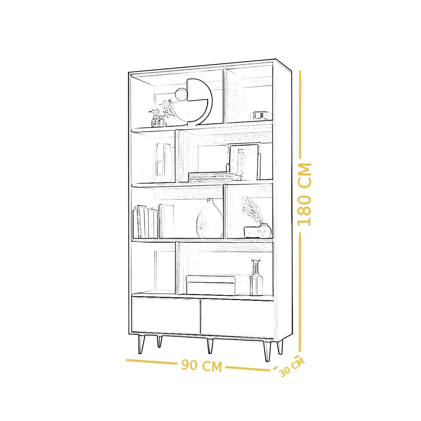 Line drawing of a bookshelf with dimensions labeled