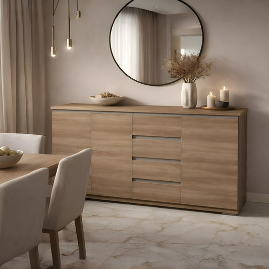 Wooden sideboard in a dining room with a round mirror above it.