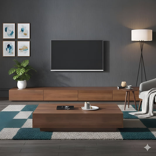 Modern living room with wooden TV stand, coffee table, and decorative items.