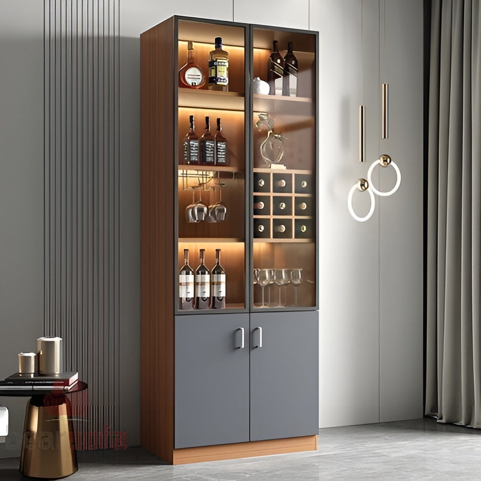Modern bar cabinet with wine bottles and glasses in a stylish interior setting.