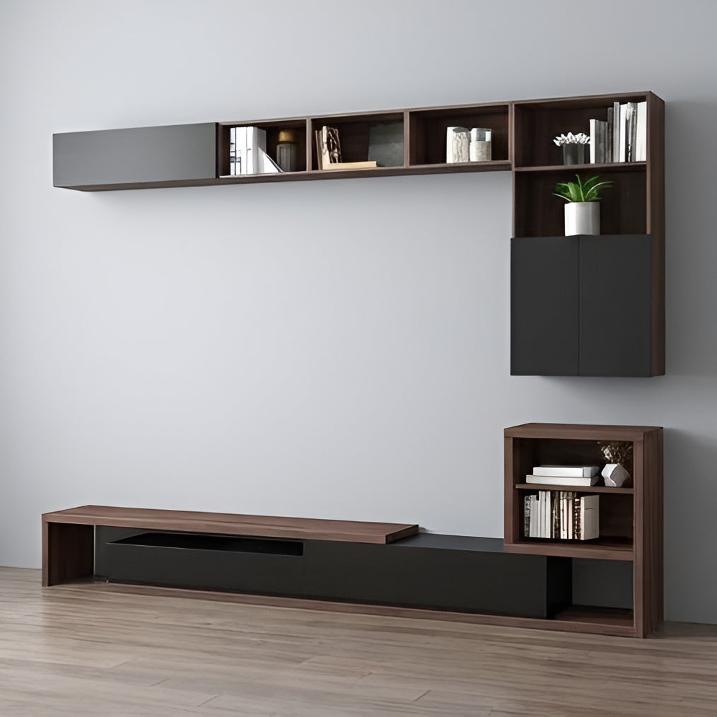 Modern wall-mounted entertainment unit with shelves and a console on a light gray wall.
