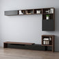 Modern wall-mounted entertainment unit with shelves and a console on a light gray wall.
