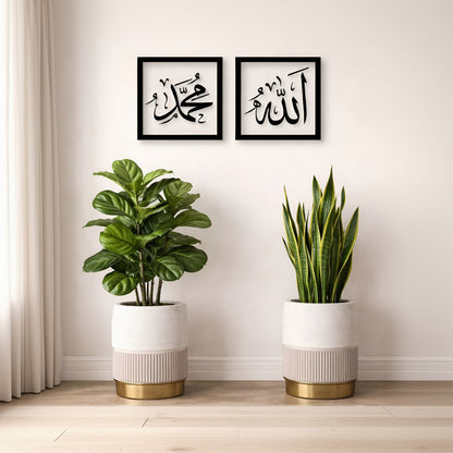 Two potted plants on a shelf with two framed Arabic calligraphy pieces above them.