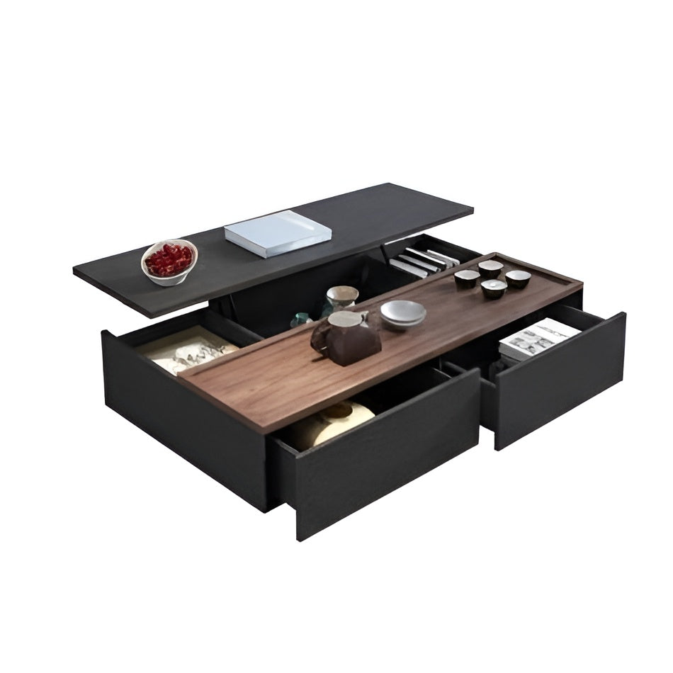 Modern coffee table with lift-top design and storage drawers on a white background