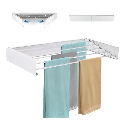 Towel rack with three hanging towels on a white background