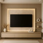 Modern living room with a television mounted on a wooden wall