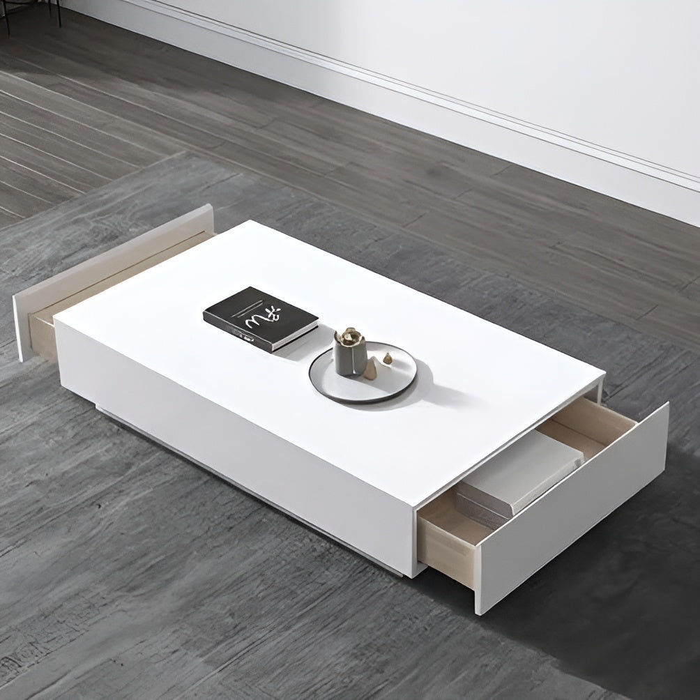 White coffee table with storage drawers on a wooden floor