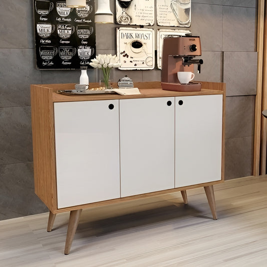 Wooden sideboard with white doors and a coffee machine on a wooden floor.